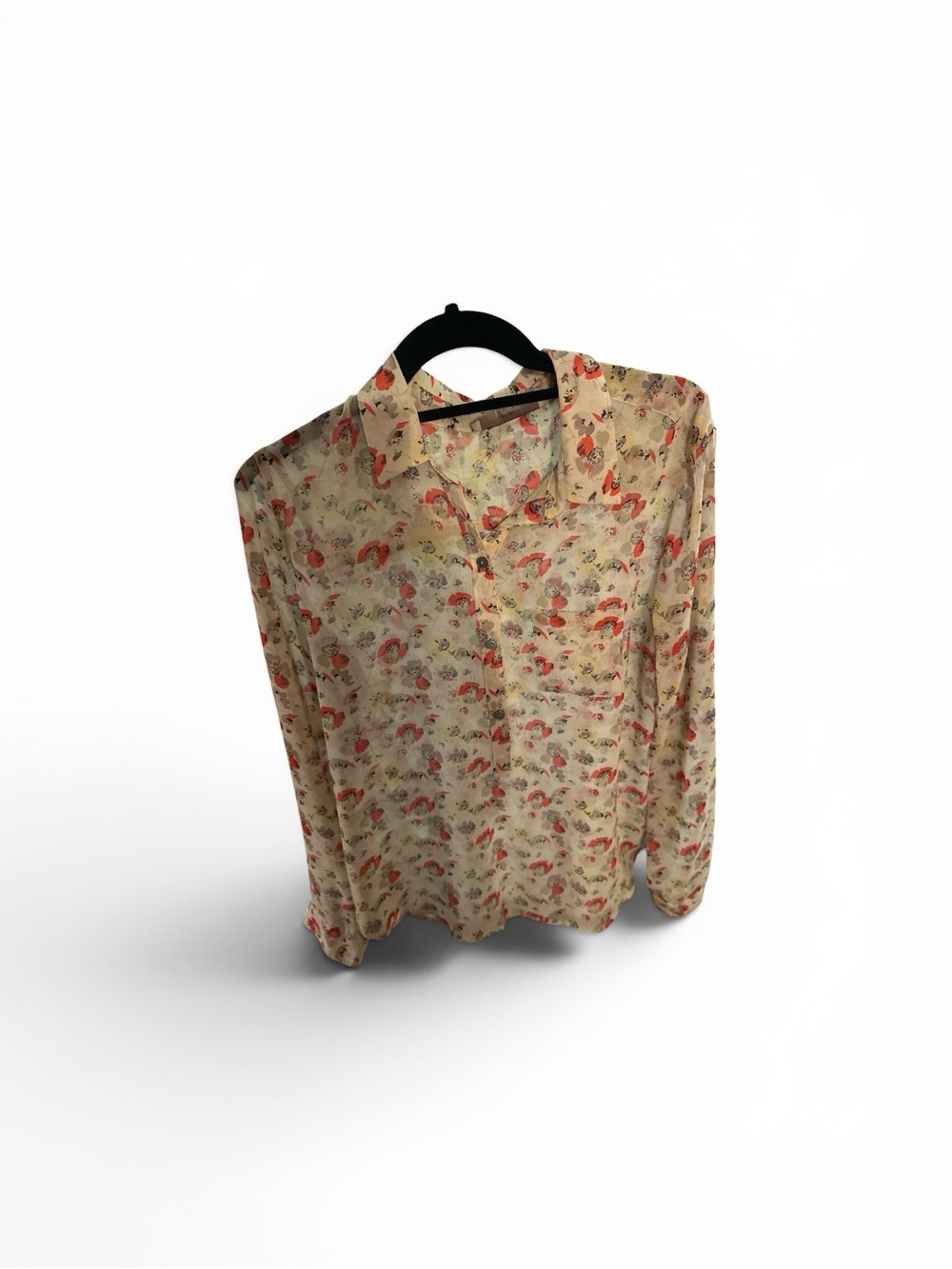 LOFT Sheer Floral Button-Up Blouse in Cream and Coral